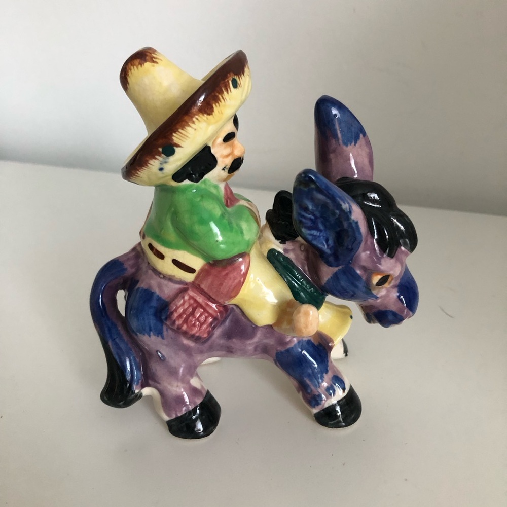 Vintage Hand Painted Ceramic Mexican Man Riding a Burro Figurine